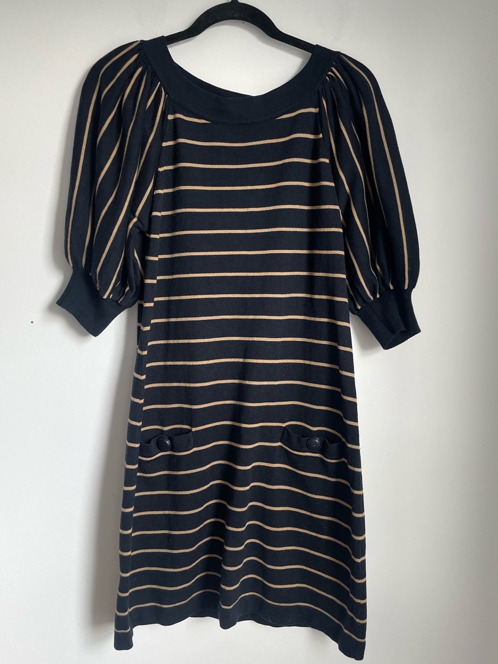 Jessica Howard Navy and Tan Striped Sweater Dress Puff Sleeves Pocket Detail M